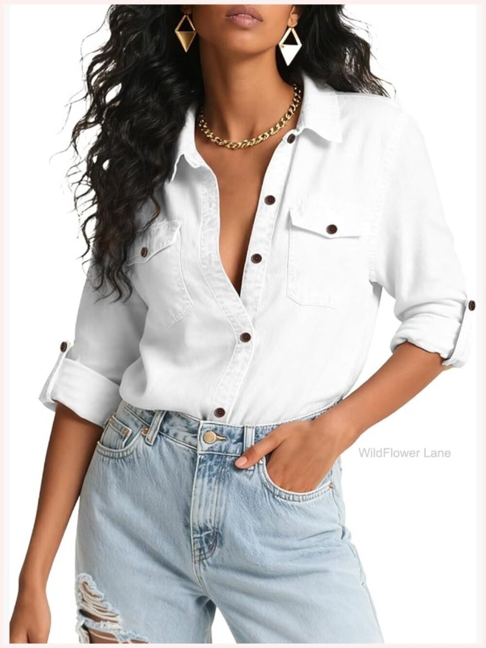 Denim Chambray Blouse Long Sleeve Button Down Jean Shirt Lightweight Western